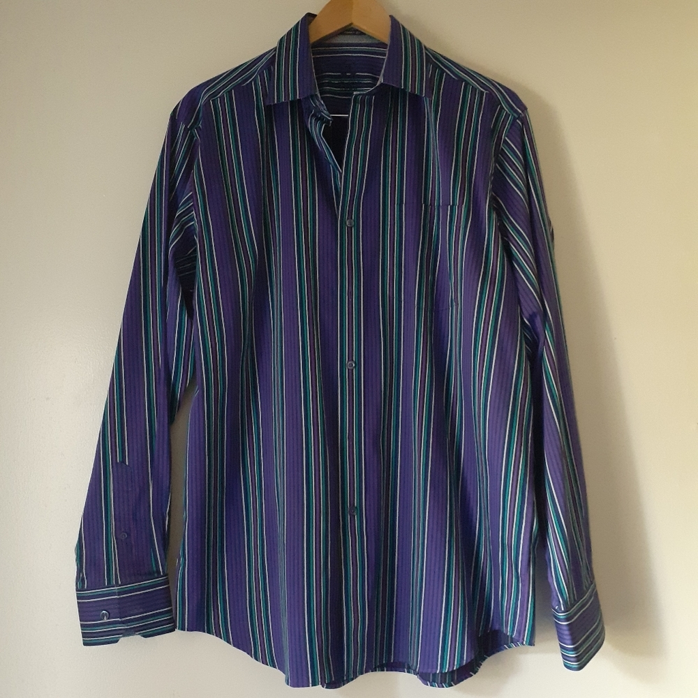 100% Cotton Purple Indigo Striped Long Sleeve Button Down Shirt Men size Large